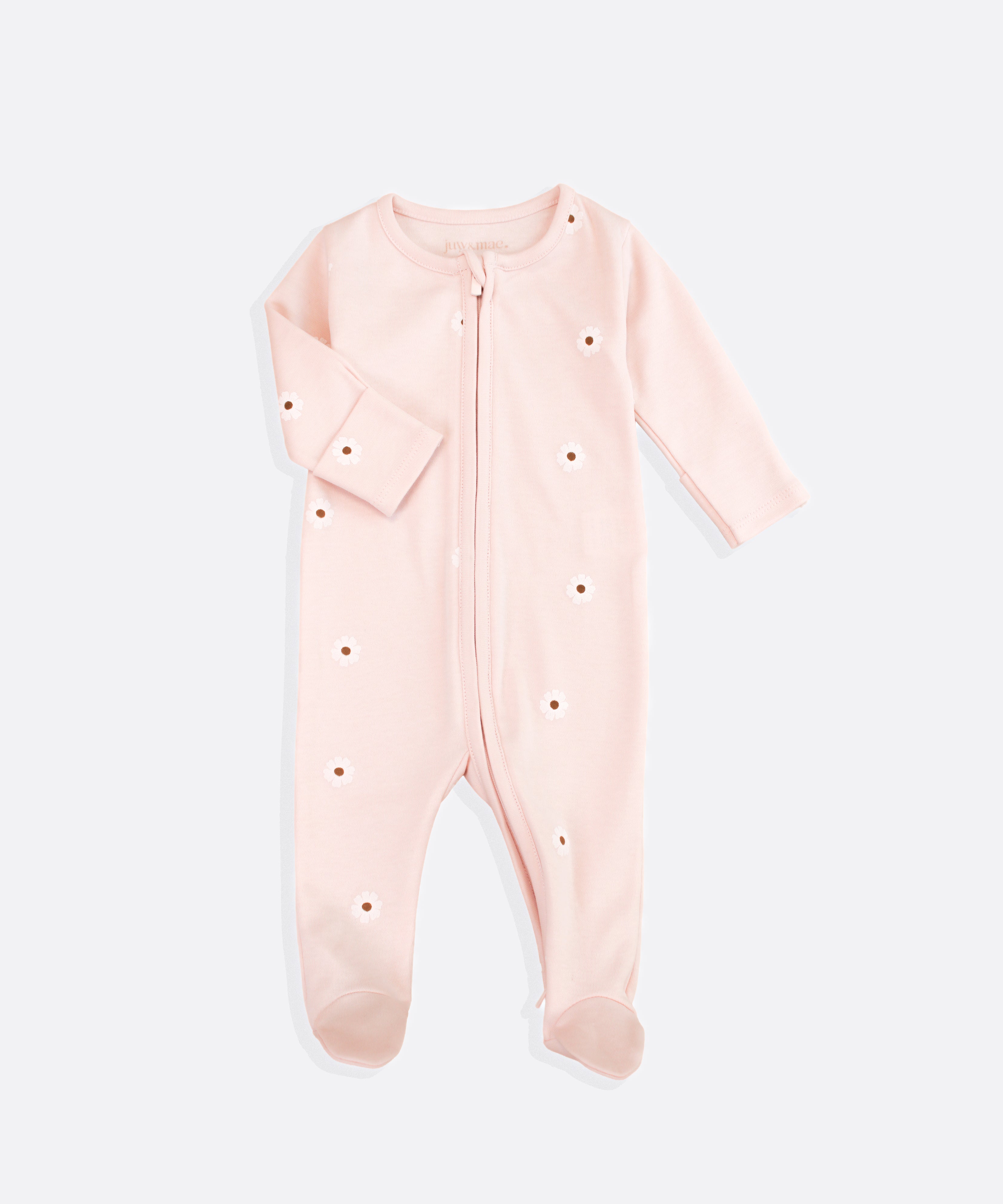 Luxury Organic_cotton_baby_pink_daisy_blossom_sleepsuit_front_view-_pink