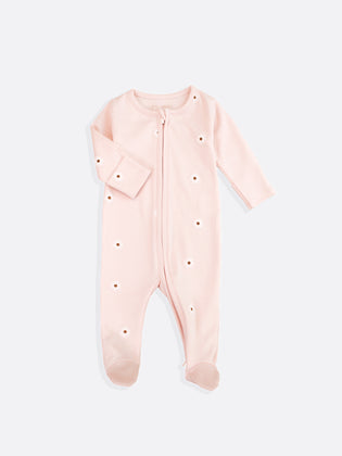 Luxury Organic_cotton_baby_pink_daisy_blossom_sleepsuit_front_view-_pink